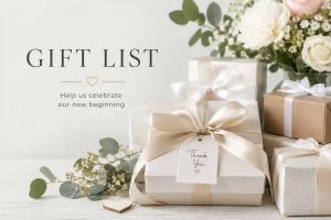 Wrapped wedding gifts tied with ribbon beside a 'Gift List' sign and a 'Thank You' tag.