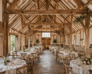 A rustic barn interior set up for a wedding reception, with long tables and fairy lights.